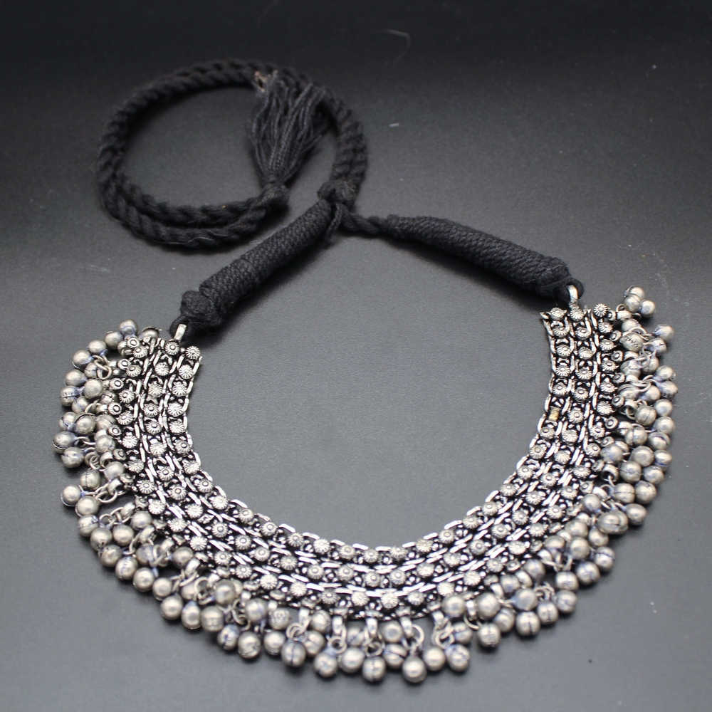 Handcrafted Elegant Silver Statement Necklace With Brass Bells